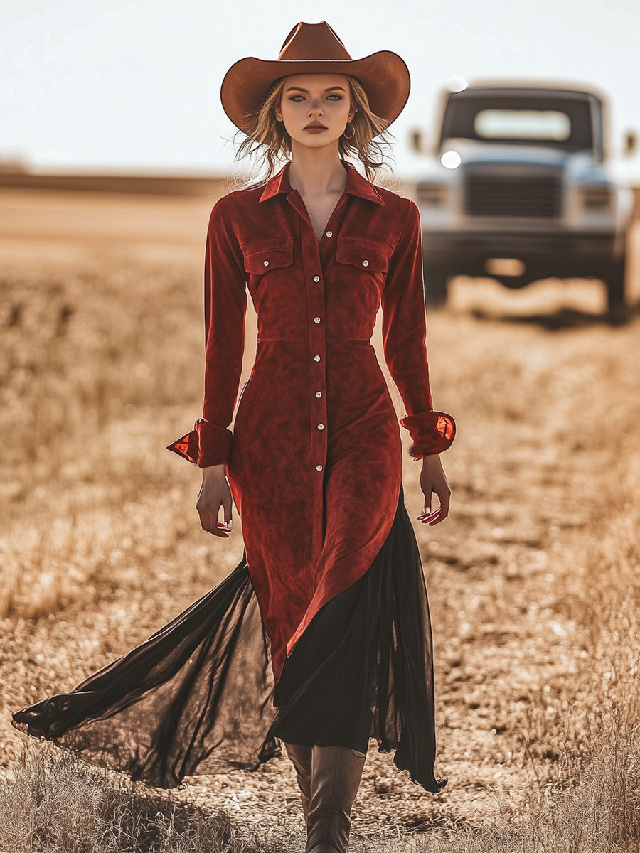 Western Retro Red Suede Skirt Spliced Chiffon Midi Dress