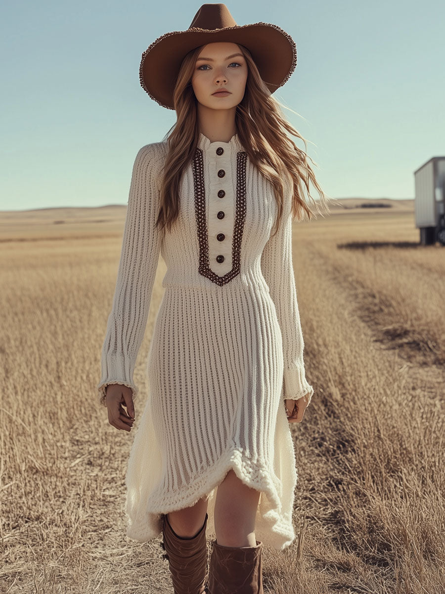 Vintage Cream Knit Long Sleeve Midi Dress