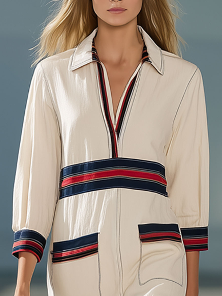 Fashionable And Casual Off-White Lapel Red And Blue Striped Three-Quarter Sleeve Midi Dress
