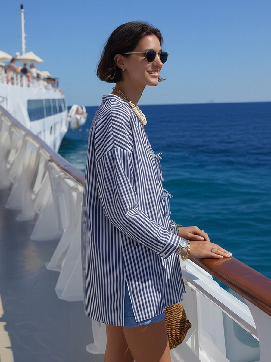 Casual Beach Style Front Tie-up Blue And White Striped Shirt