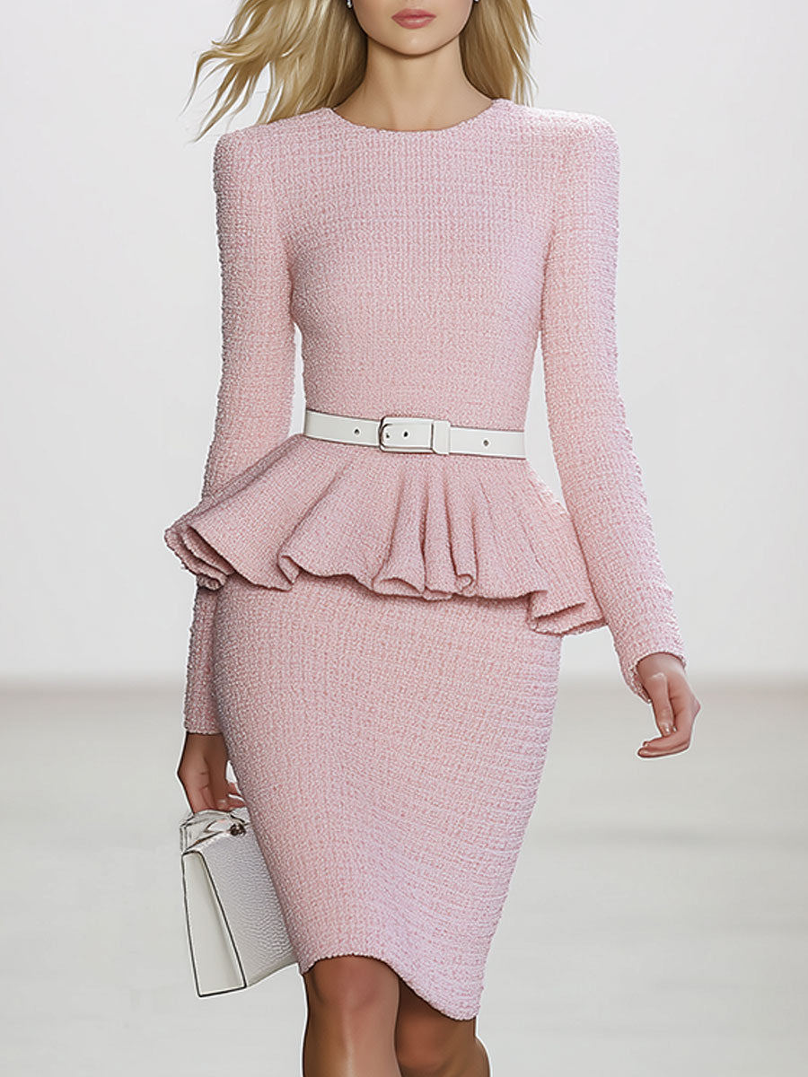 Elegant Vintage Pink Tweed Ruffled Top And Skirt Set