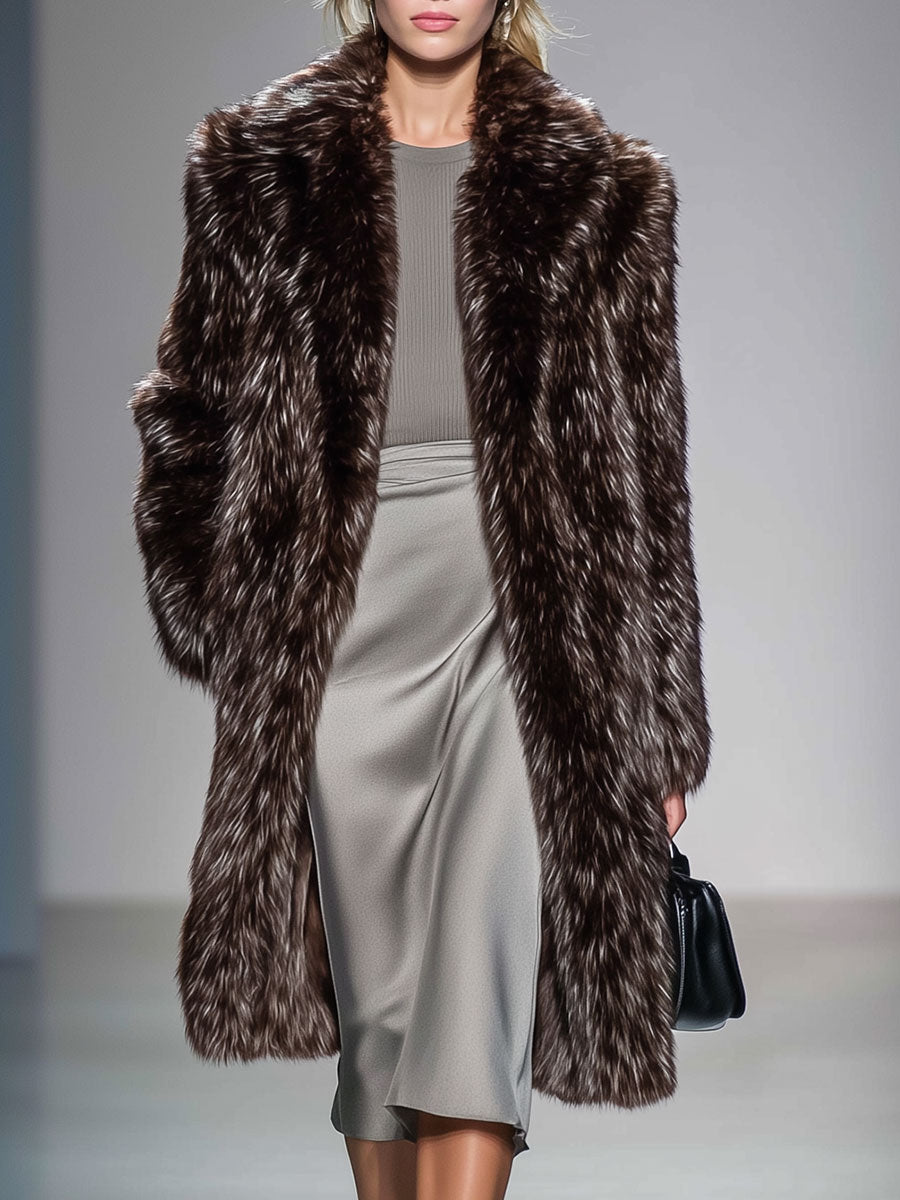 Loose Retro Fashion Faux Fur Brown Long Coat