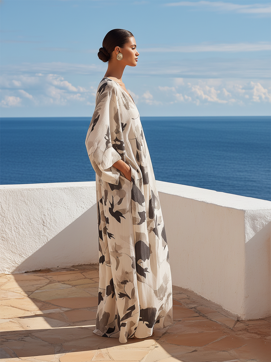 Loose Vacation Black Printed Maxi Dress