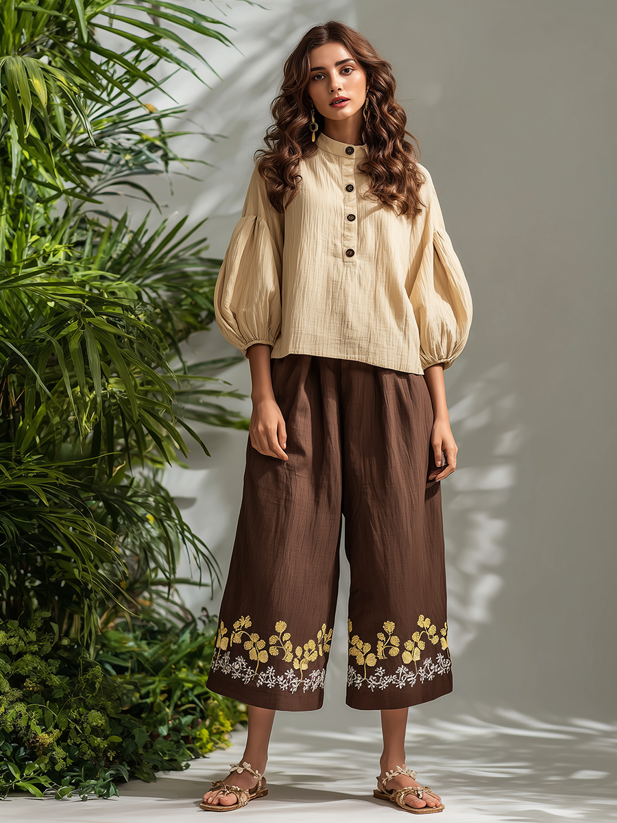 Bohemian Style Long-sleeved Embroidered Pants Set
