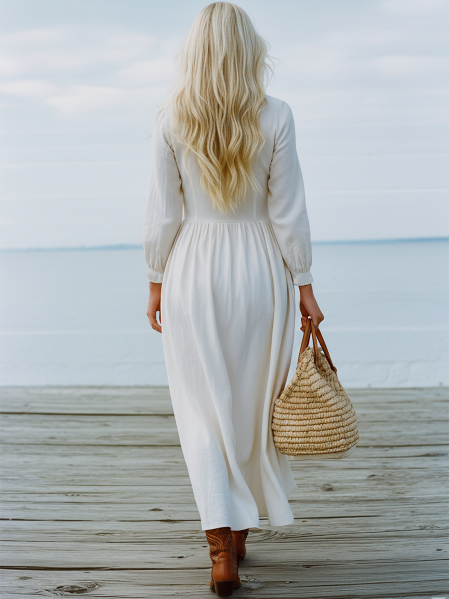 Elegant Resort-style Embroidered White Cotton And Linen Maxi Dress