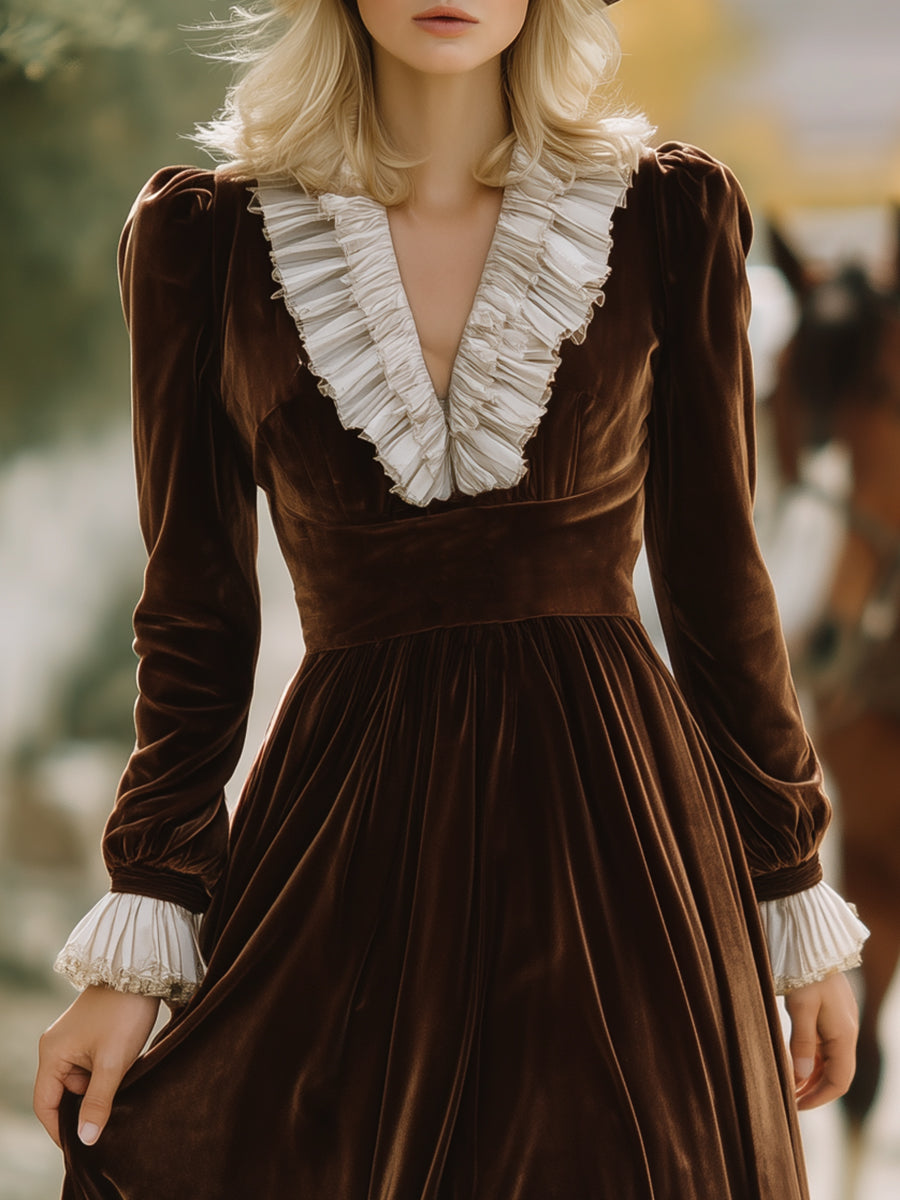 Elegant And Fashionable Ruffled V-neck Brown Velvet Midi Dress