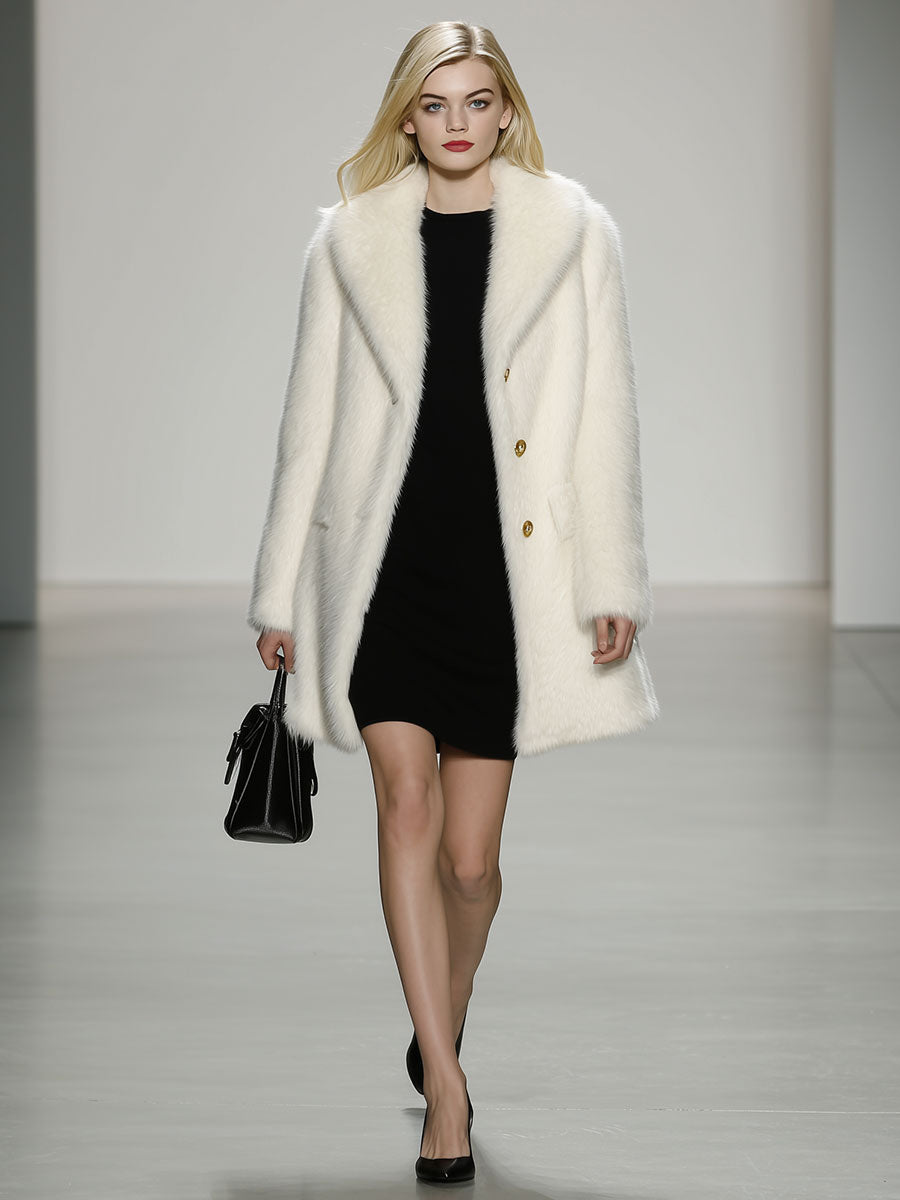 Elegant And Luxurious White Eco-Friendly Fur Lapel Coat