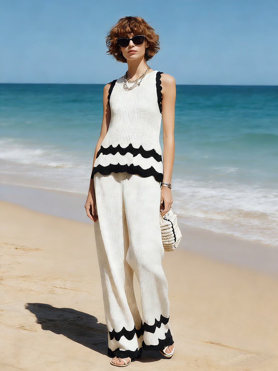 Vacation-style White Knitted Round-neck Sleeveless Top And Trousers Set