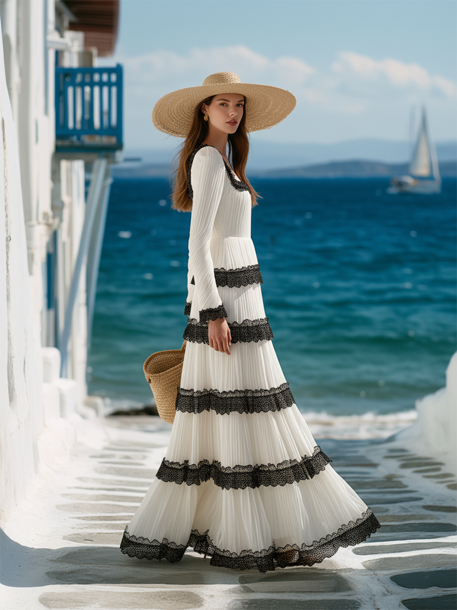 Elegant Vacation Black Lace And White Crinkled Fabric Maxi Dress