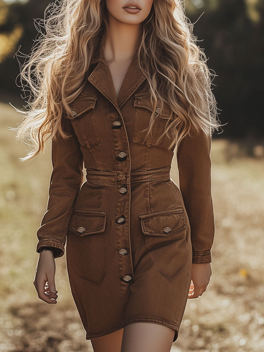Vintage Brown Denim Long Sleeve Elastic Waist Mini Dress
