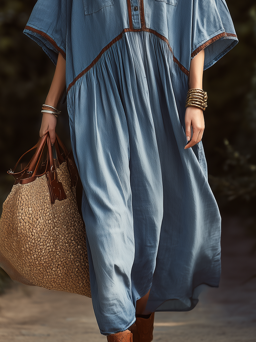 Casual Vacation Brown Woven Strap Short-sleeved Denim Maxi Dress
