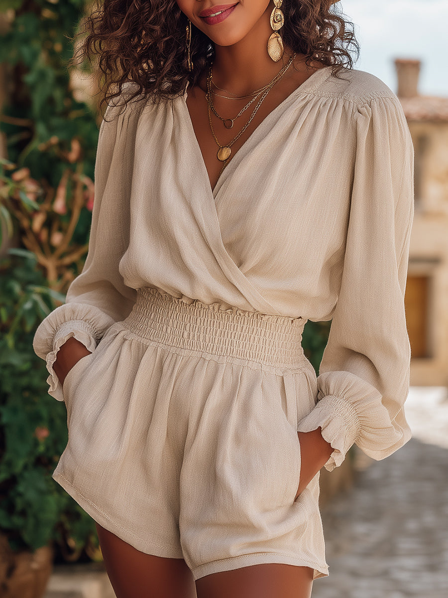 Bohemian Beige Cotton Linen V-Neck Top And Shorts Set