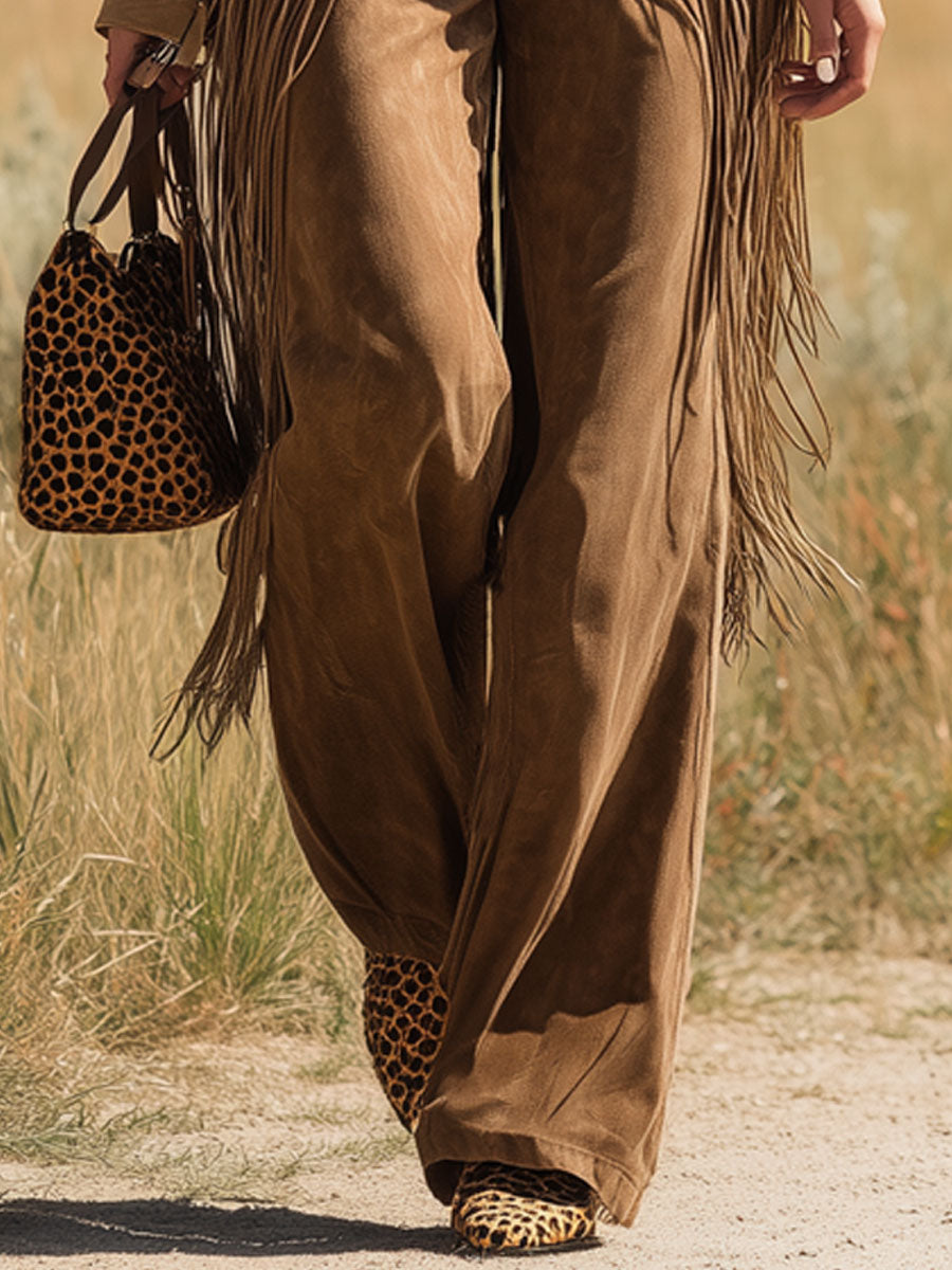 Western Vintage Tassel Camel Wide-Leg Jeans