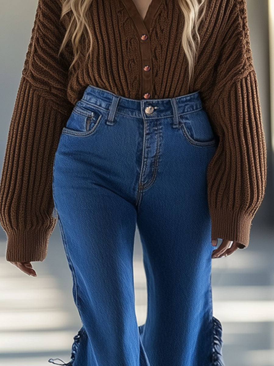 Vintage Side Raw Edge Flare Jeans