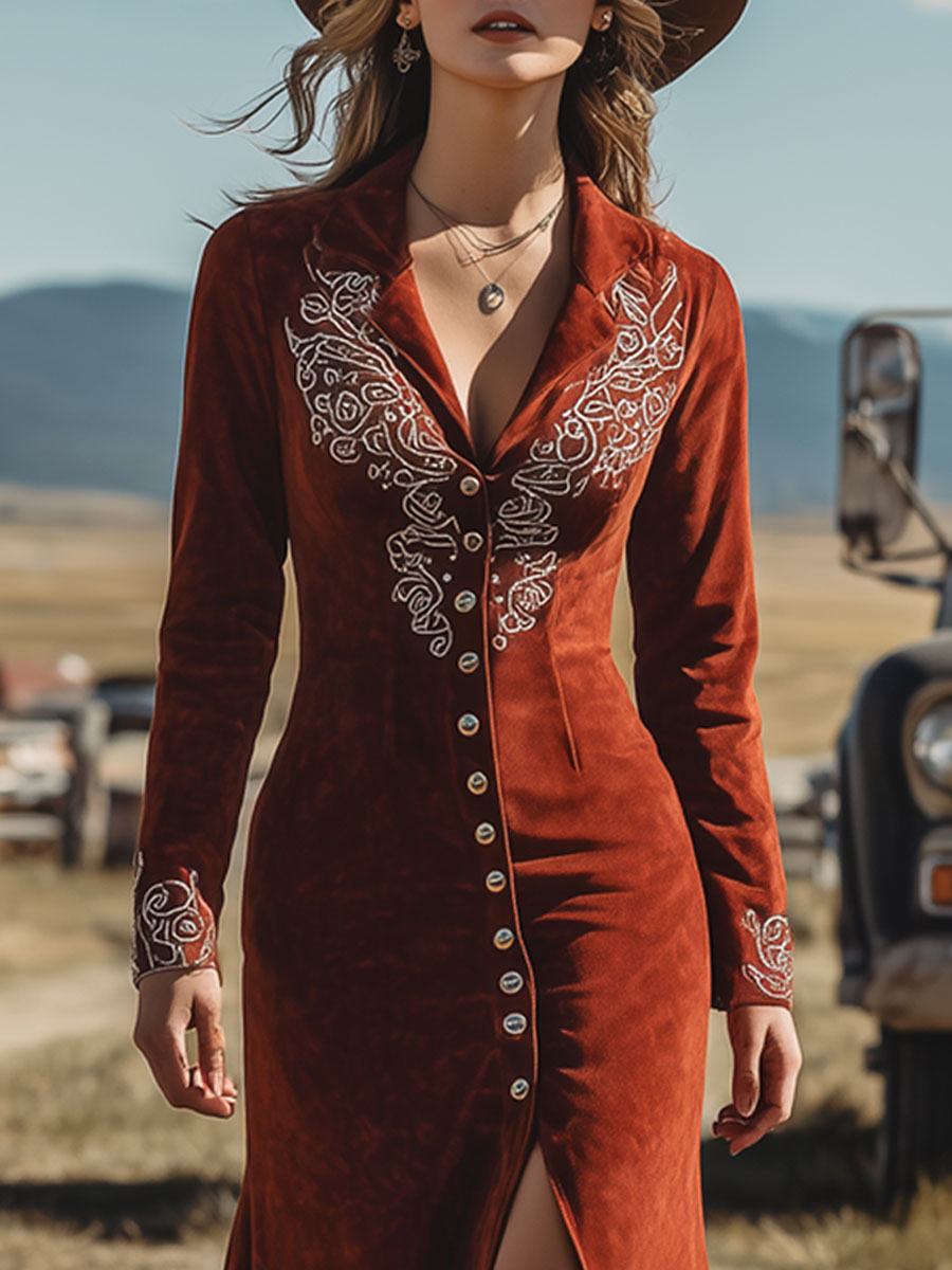Western Vintage White Ethnic Embroidery Brick Red Suede Tassel Midi Dress