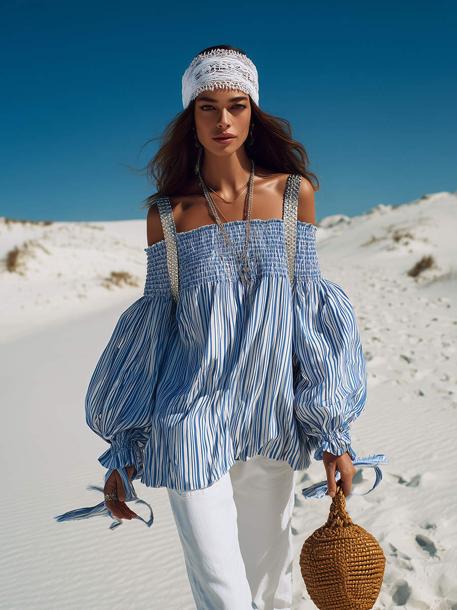 Vacation-inspired Silver-strapped Off-the-shoulder Blue And White Striped Shirt