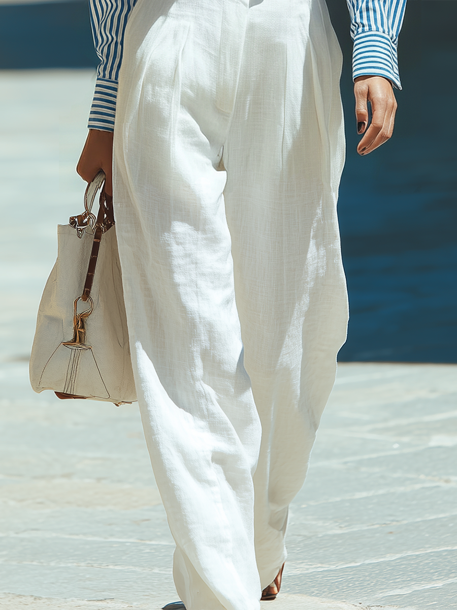 Vacation-style White Cotton And Linen Pants