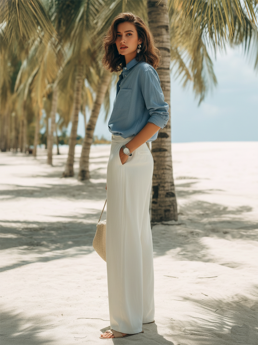 Resort-style Blue Shirt And White Wide-leg Pants Set