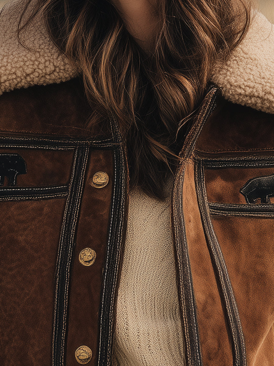 Western Faux Suede Paneled Fleece-lined Button-down Jacket