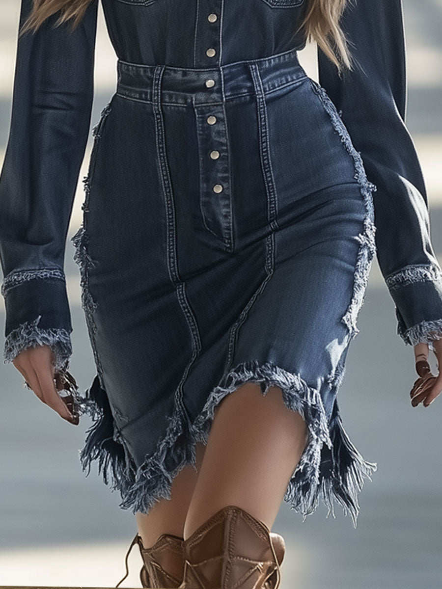 Vintage Blue Grey Denim Long Sleeve Raw Edge Mini Dress