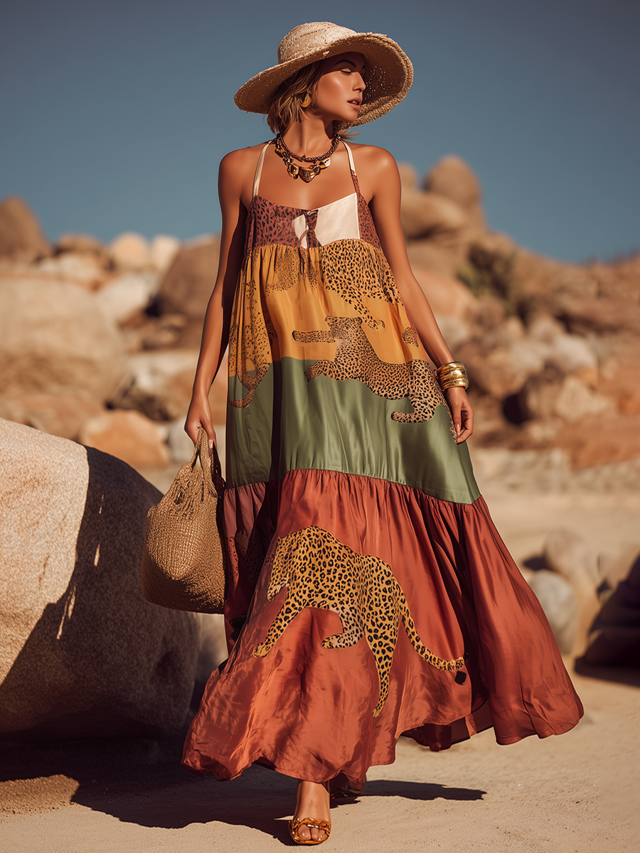 Retro And Stylish Animal Print Thin Straps Satin Maxi Dress