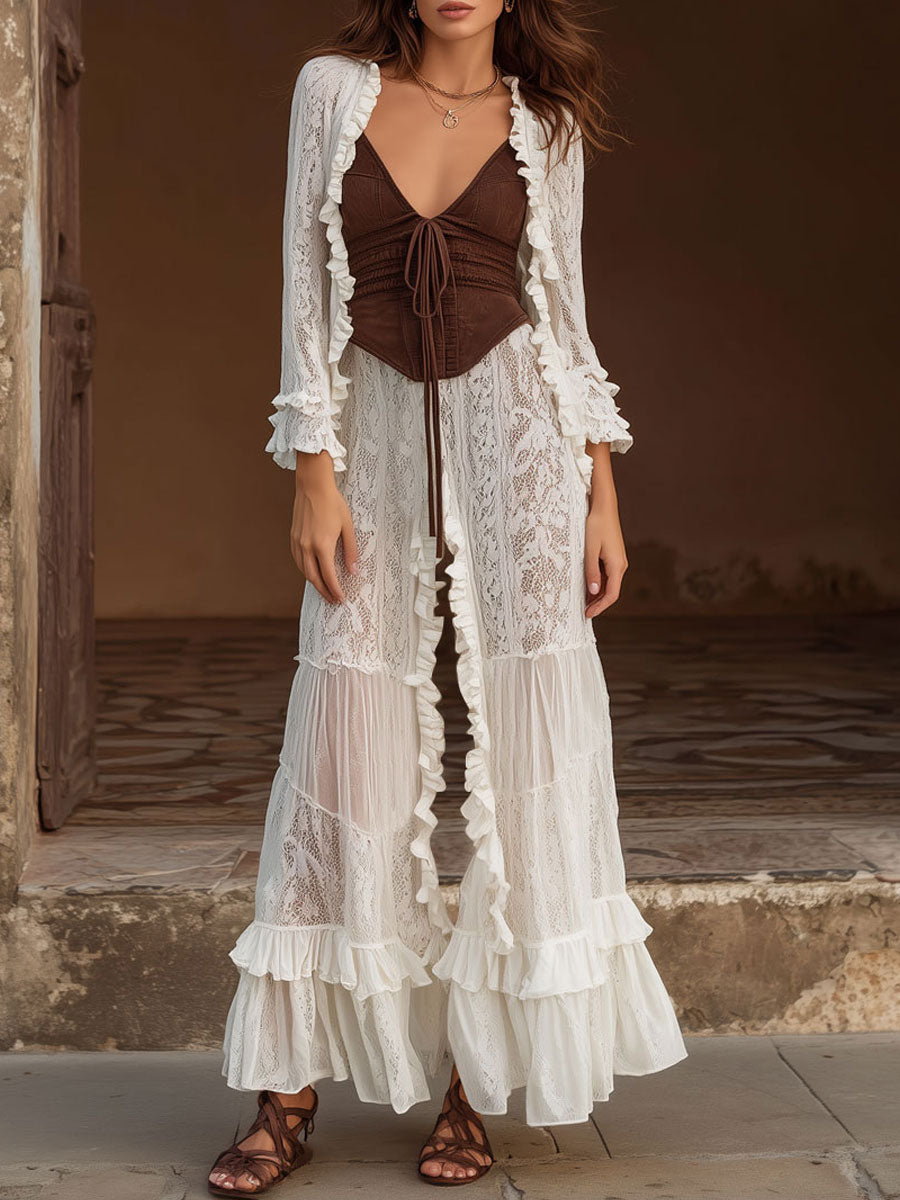 Retro Bohemian White Lace Ruffle Cardigan Wide Leg Pants Set