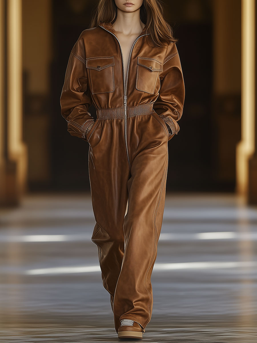 Casual Retro Brown Faux Leather Zipper Elastic Waist Long Sleeve Jumpsuit