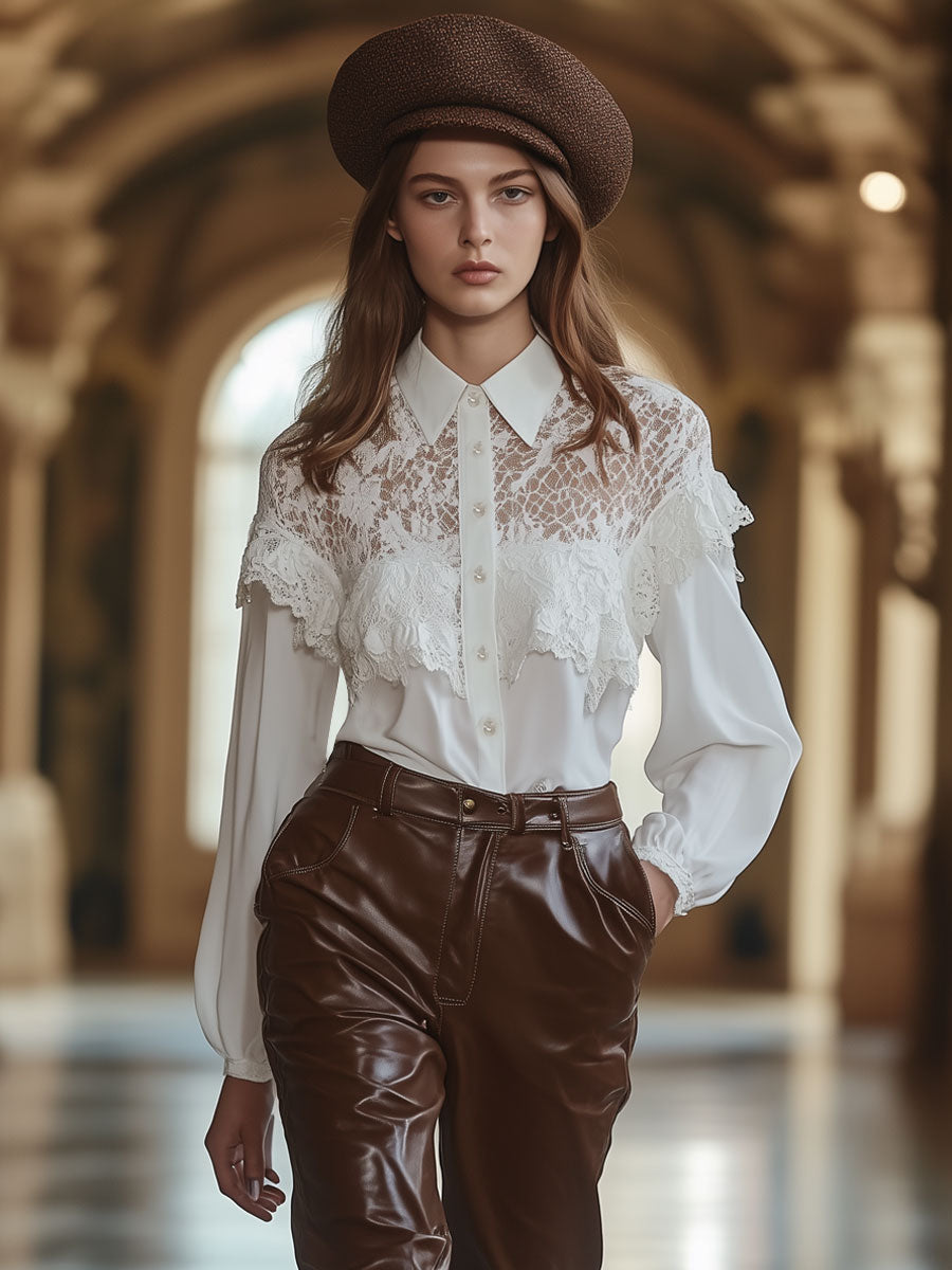 Retro Elegant White Chiffon Lace Long Sleeve Shirt