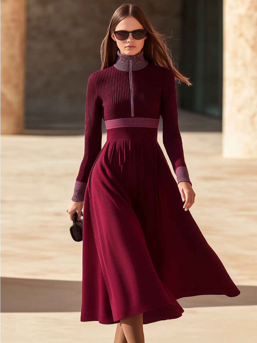 Elegant And Comfortable Cherry Red Knitted Long-Sleeved Maxi Dress