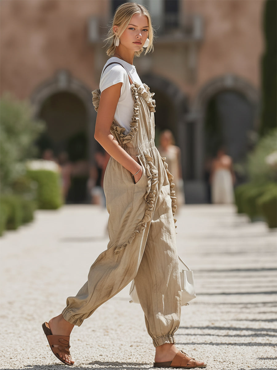 French-style Relaxed Khaki Cotton Linen Ruffled Loose Overalls