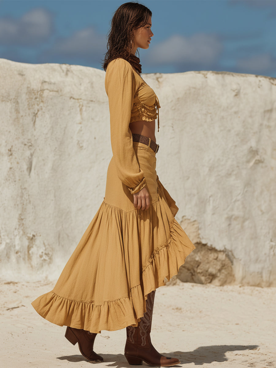 Stylish Ginger Yellow Cotton And Linen Square Neck Top And Ruffled Skirt Set