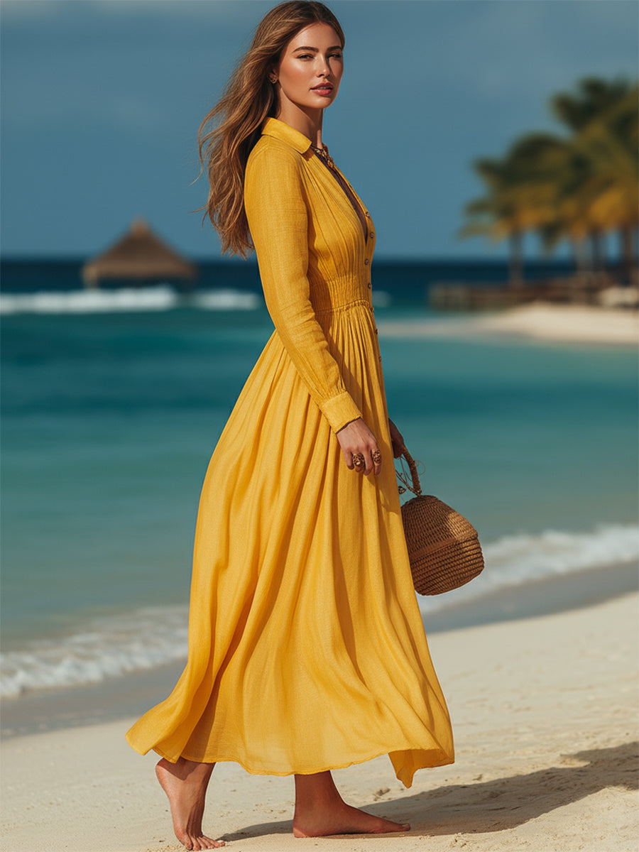 French Resort Style Yellow Cotton Linen Button-down Long-sleeved Maxi Dress