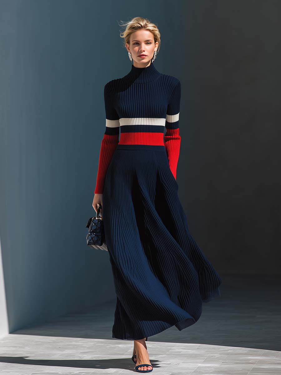 Elegant Contrast Striped Dark Blue Stand Collar Knitted Long Sleeve Maxi Dress