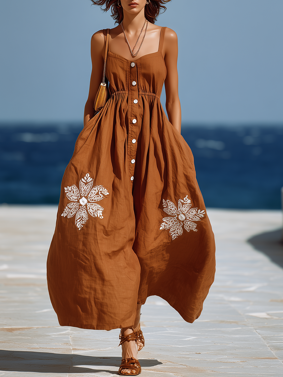 Bohemian Style Brown Strappy Embroidered Maxi Dress