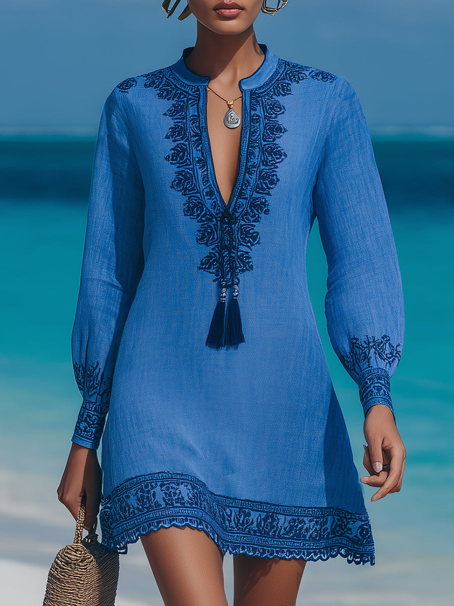 Resort-style V-neck Navy Blue Embroidered Cotton Linen Mini Dress