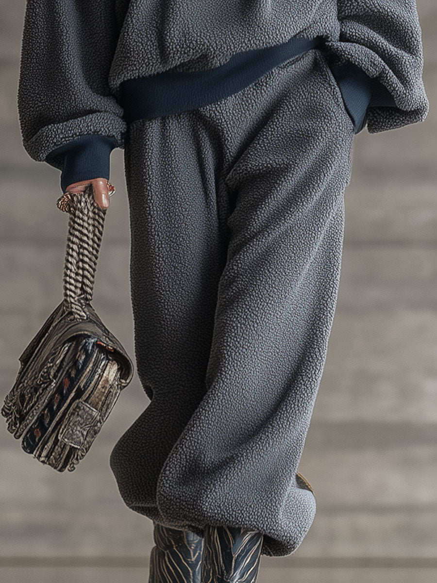 Retro Casual Gray Sports Half-Zip Polar Fleece Suit