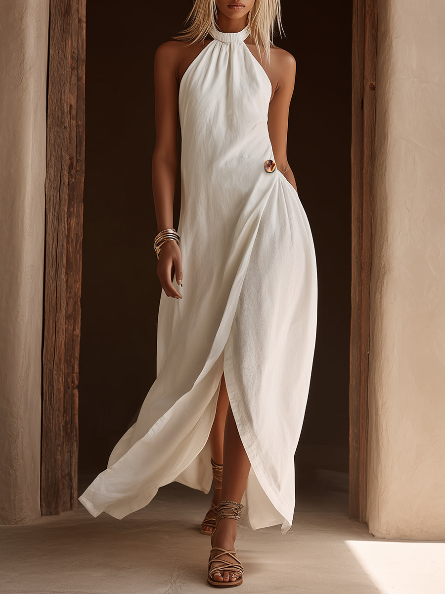 Casual Vacation White Halter Neck Button-decorated Sleeveless Slit Midi Dress