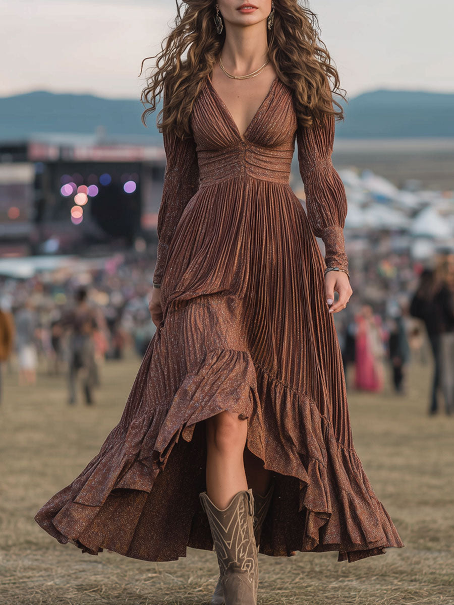 Western Retro Brown Pleated Print Long Sleeve Ruffle Maxi Dress