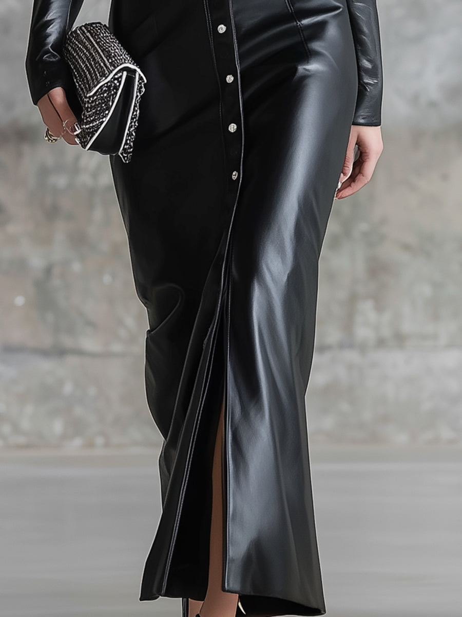 Black Faux Leather Button-down Maxi Dress