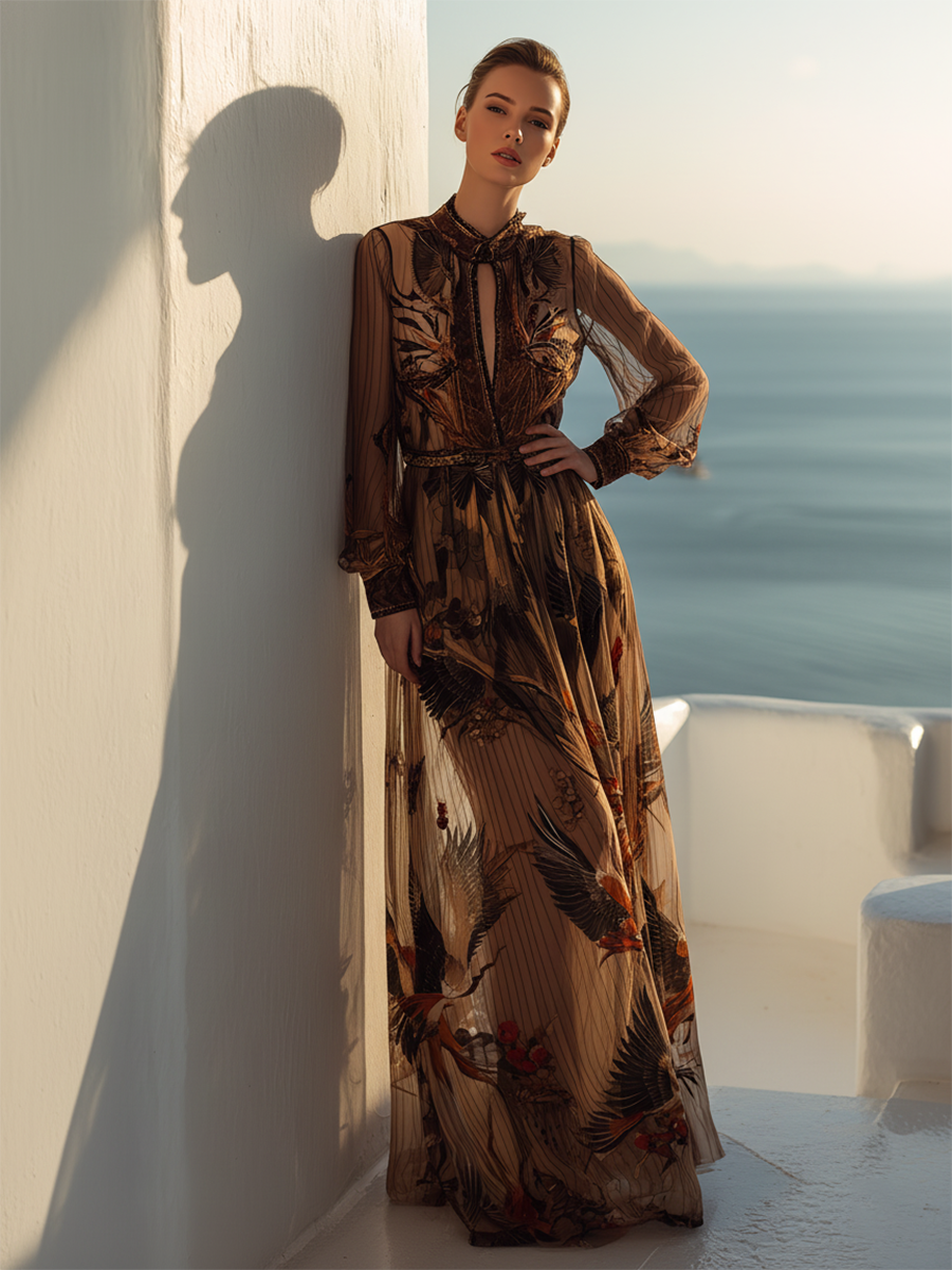 Luxury Resort-style Printed Chiffon Maxi Dress
