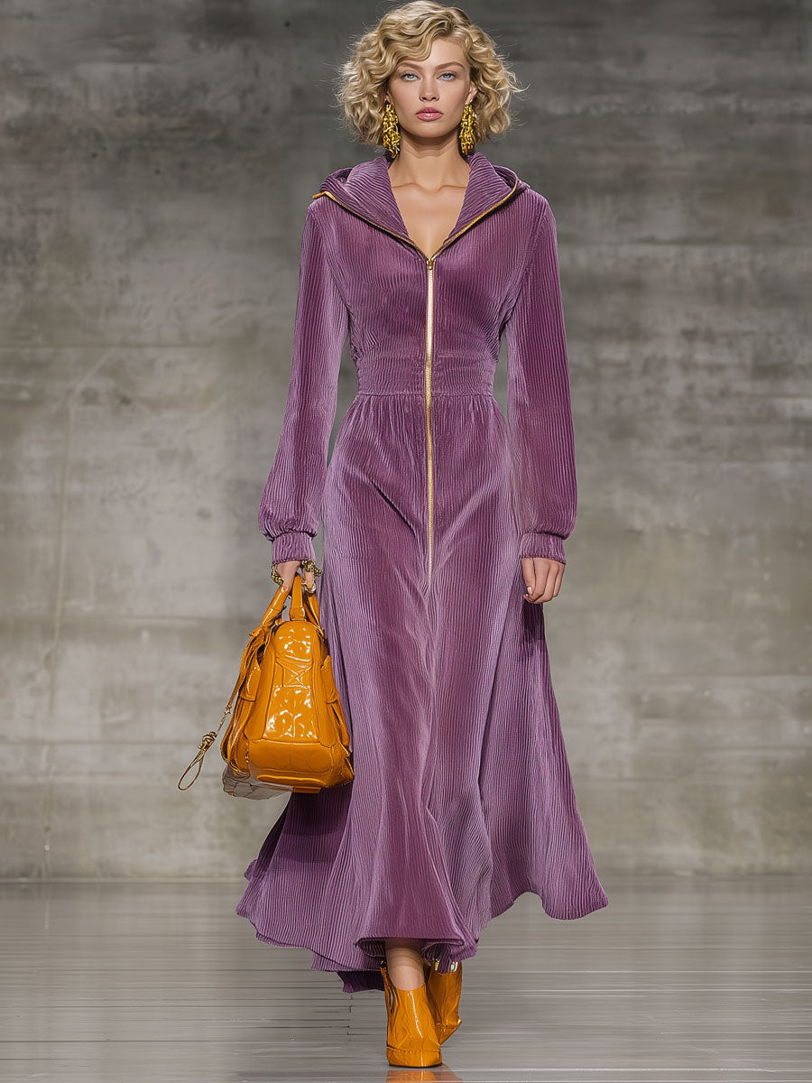 Fashionable And Casual Purple Corduroy Hooded Long-Sleeved Midi Dress