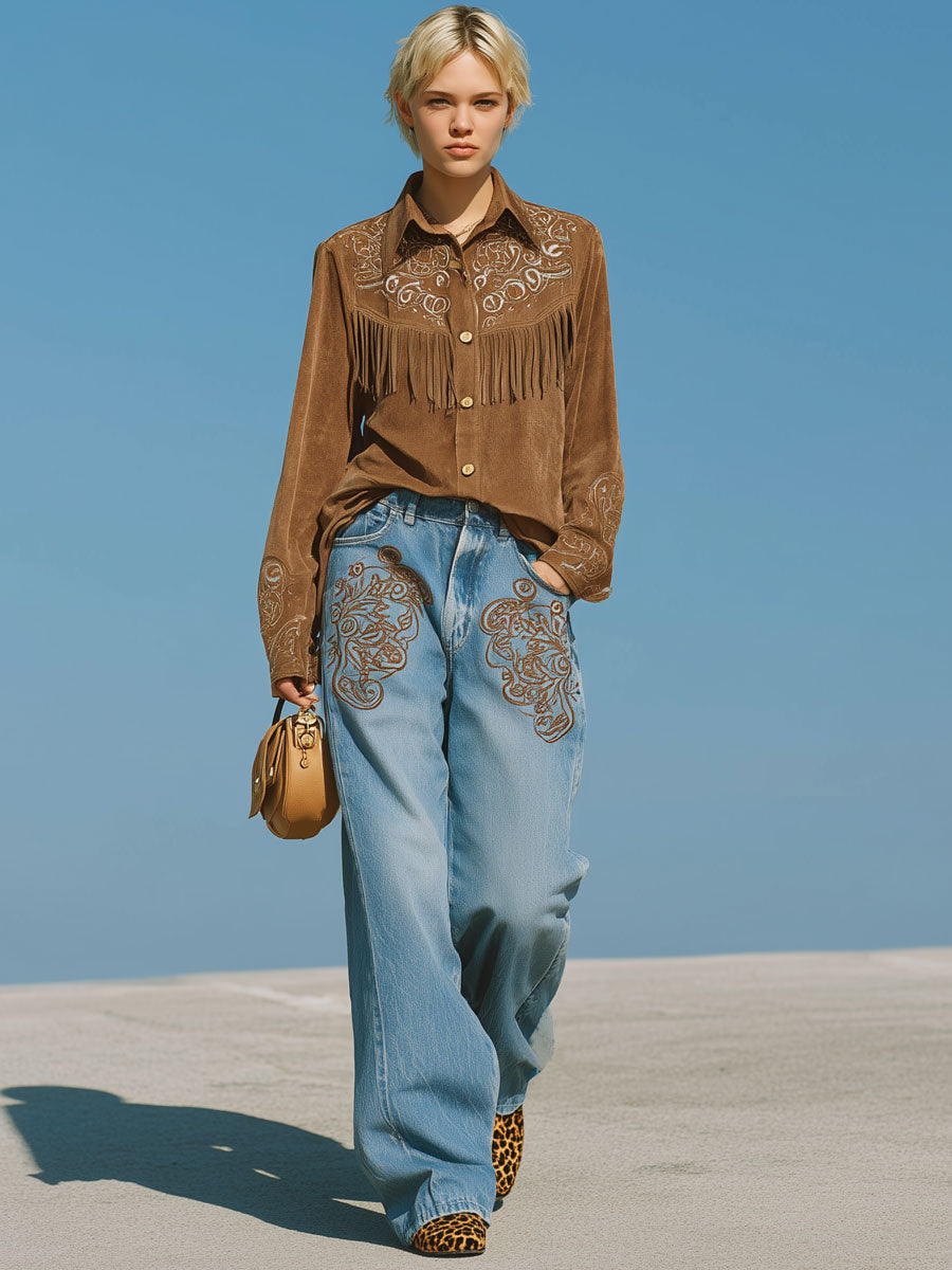 Western Retro Ethnic Embroidery Blue Wide-Leg Jeans