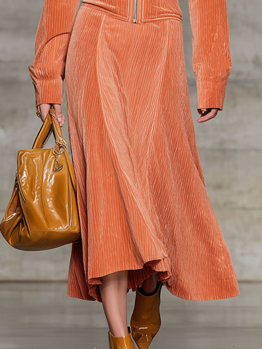 Fashion Casual Light Orange Chenille Long-Sleeved Hooded Cardigan Midi Skirt Suit