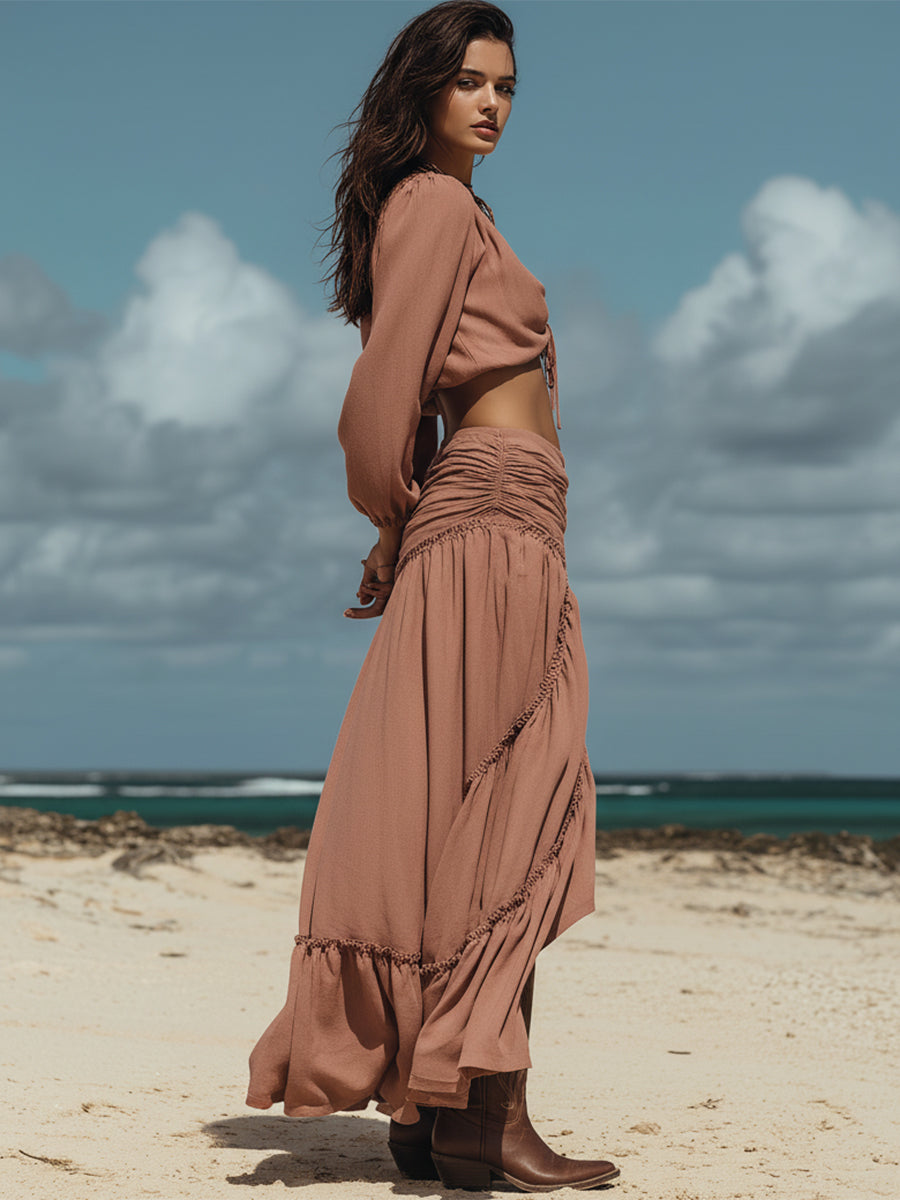 Fashionable Vacation-style Dusty Pink Cotton Linen V-neck Top And Pleated Long Skirt Se