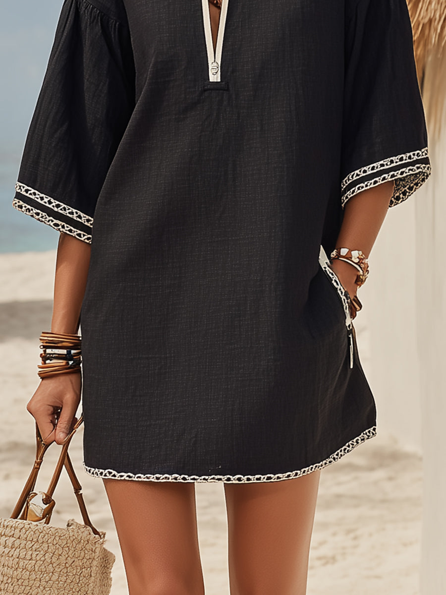 Nautical Vacation White Lace Trim Black Cotton Linen Half-zip Short-sleeved Mini Dress