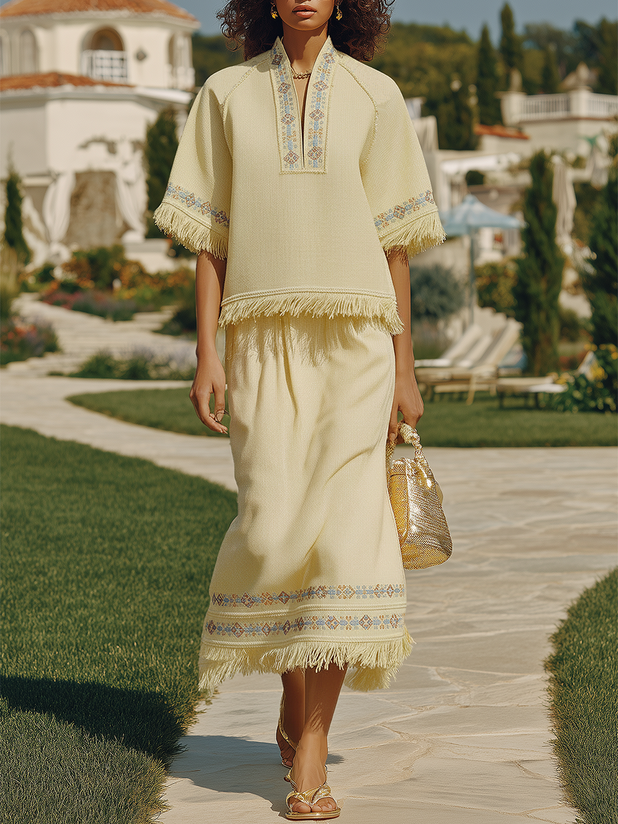 Bohemian Style High-neck Embroidered Short-sleeved Top And Skirt Set