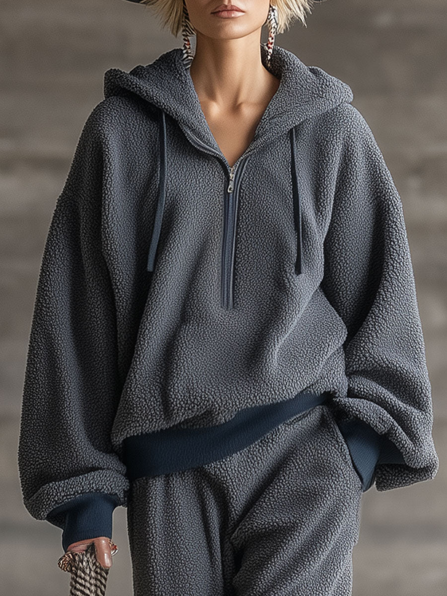 Retro Casual Gray Sports Half-Zip Polar Fleece Suit