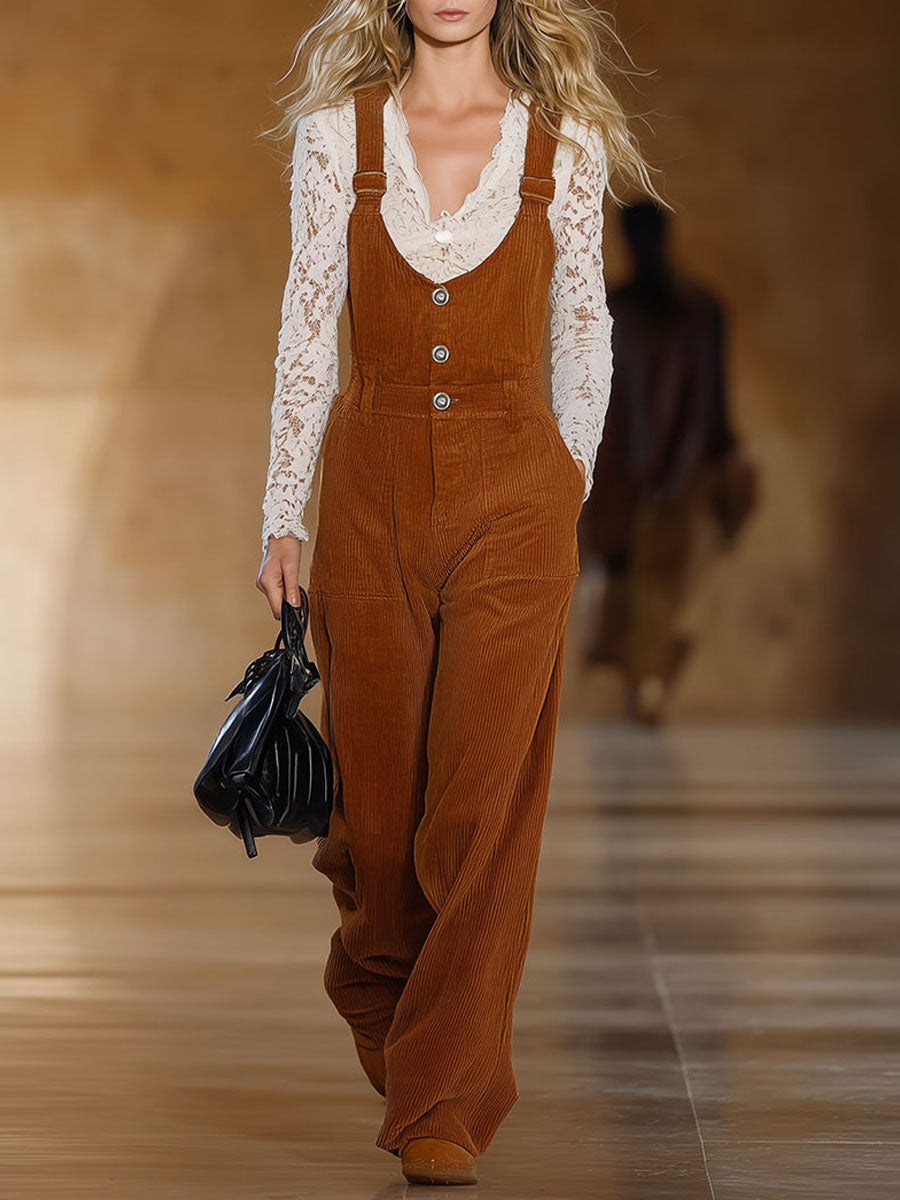 Retro Fashion Caramel Brown Corduroy Overalls
