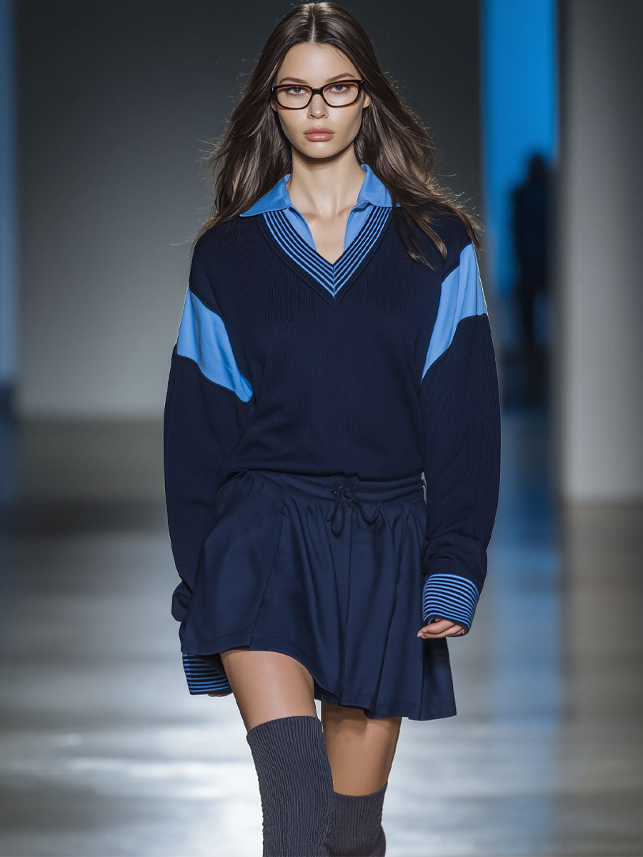 Sports Casual Dark Blue And Sky Blue Long-Sleeved Knitted Patchwork Shirt Fake Two-Piece Long-Sleeved Mini Skirt Suit