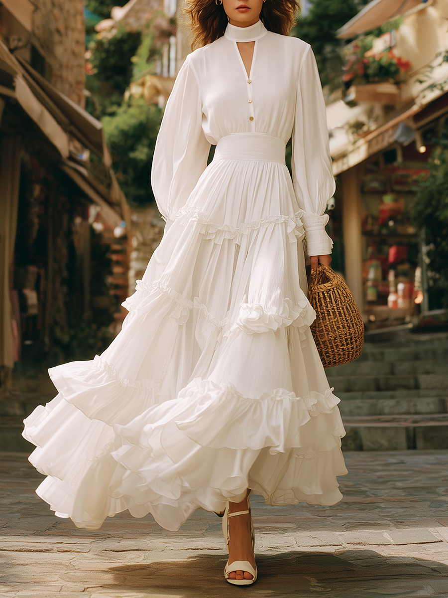 White Resort-style Chiffon Long-sleeved Maxi Dress